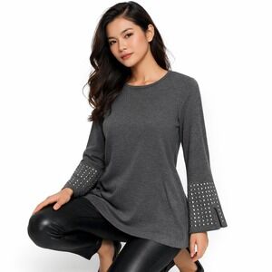 NWT Nic+Zoe Women Gray Tunic S Grommet Studded Sleeve Top Minimalist Neutral